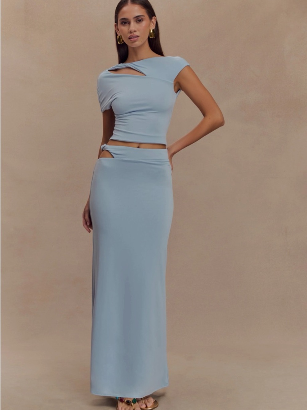 Meshki Haven Pale Blue Twist Midi Skirt and Top Set